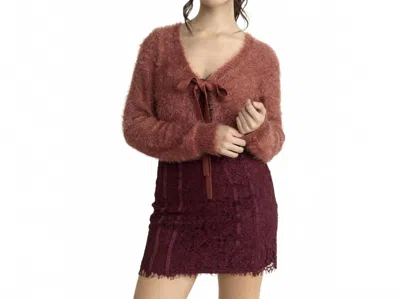 Storia Women's Fuzzy Bow Cardigan In Burgundy In Brown