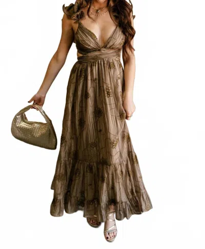 Storia Zoey Embroidered Floral Ruffle Maxi Dress In Olive In Brown