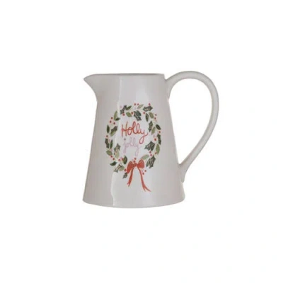 Storied Home 1 Quart Stoneware Pitcher With Gold Electroplating "holly Jolly", Multicolor In White