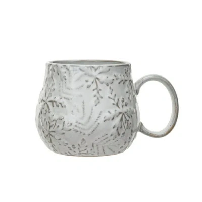Storied Home 16 Oz. Embossed Stoneware Mug With Snowflakes And Reactive Glaze, White
