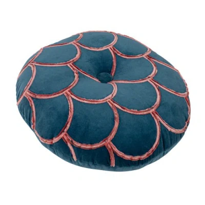 Storied Home 18 Inches Round Cotton Pillow With Tufted Scallop Pattern In Blue