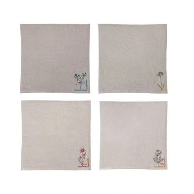 Storied Home 18 Inches Square Cotton And Linen Napkins With Flower Embroidery And French Knot Design In Brown