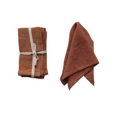 Storied Home 18 Inches Square Stonewashed Linen Dinner Napkins For Kitchen Use, Set Of 4 In Brown