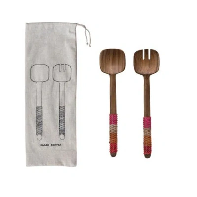 Storied Home 2-piece Long Teakwood Kitchen Salad Servers With Rattan Wrapped Handles In Brown