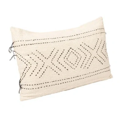 Storied Home 24 Inches Hand-embroidered Cotton Lumbar Pillow With Kantha Stitch In Neutral