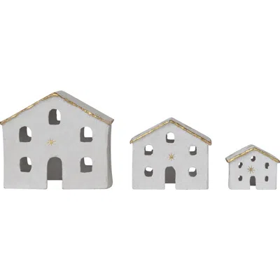 Storied Home 3-piece Charming Paper Mache Houses With Gold Foil Stars And Trim, White