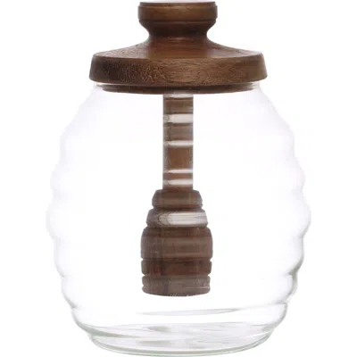Storied Home 4 Inches Round 14-ounce Glass Honey Jar With Acacia Wood Lid And Attached Honey Dipper  In Brown