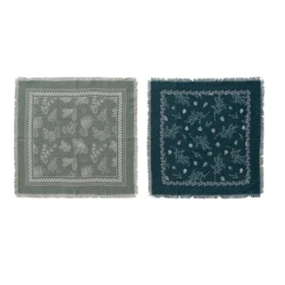 Storied Home 4-piece Square Linen Printed Napkins With Pine Bough Patterns And Frayed Edges, Teal, S In Blue