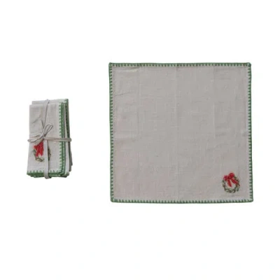 Storied Home 4-piece Square Printed Napkins With Embroidered Wreath, Appliqued Bow And Blanket Stitc In Gray