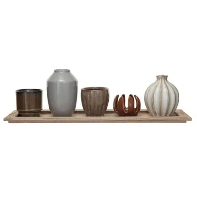 Storied Home 5 Stoneware Votive Candle Holders On A Wood Tray With Reactive Glaze In Multi