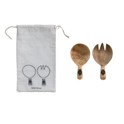 Storied Home 7 Inches Mango Wood Salad Servers With  Wrapped Handles And Printed Drawstring Bag, Set In Brown