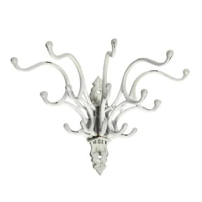 Storied Home Antique Decorative Cast Iron Multi Hook Wall Hanger With 15 Hooks, Distressed White