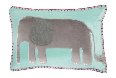 Storied Home Blue Cotton Velvet Embroidered & Appliqued Elephant Pillow In Multi