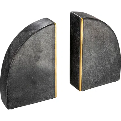 Storied Home Boho Arched Semicircle Marble Bookends With Brass Detail, Set Of 2, Black