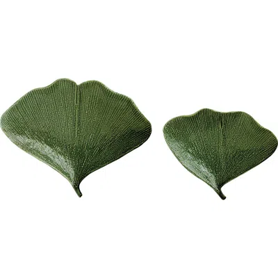 Storied Home Boho Stoneware Gingko Leaf Shaped Plates In Green