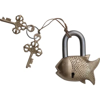 Storied Home Brass And Metal Fish Shaped Lock With Keys, Matte Brass And Nickel Finish In Brown