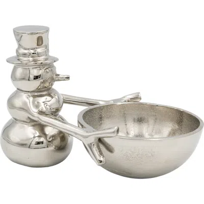 Storied Home Cast Aluminum Snowman Holding Bowl, Nickel Finish In Silver
