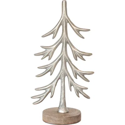 Storied Home Cast Aluminum Tree With Mango Wood Base, Silver Finish