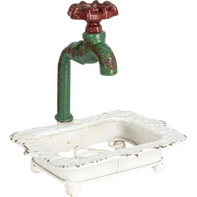 Storied Home Charming Cast Iron Soap Dish With Miniature Faucet Detail In White