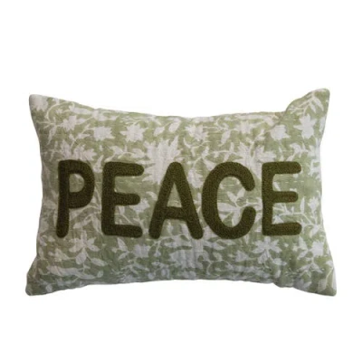 Storied Home Charming Cotton And Linen Block Printed Lumbar Pillow With Flowers And Kantha Stitch, G In Green