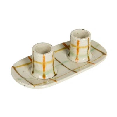 Storied Home Checkered Charm Stoneware Taper Holders In White