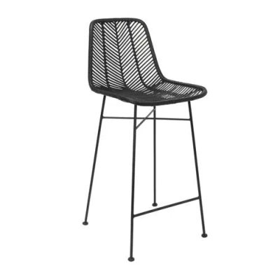 Storied Home Chic Rattan Bar Stool With Metal Frame, Black