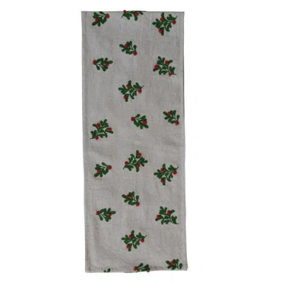 Storied Home Cotton And Linen Table Runner With Embroidered Mistletoe And Pom Poms, Natural, Green A In Gray