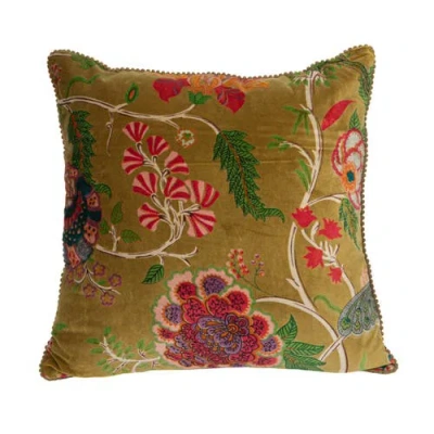 Storied Home Cotton Blend Velvet Pillow And Mini Pom Pom Trim In Green