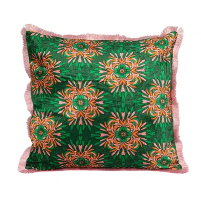 Storied Home Cotton Blend Velvet Printed Pillow With Floral Pattern And Eyelash Fringe, Green, Pink