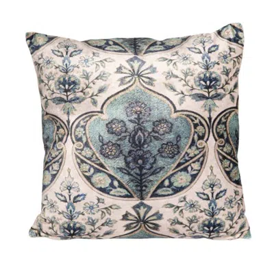 Storied Home Cotton Blend Velvet Printed Pillow With Floral Pattern, Cream Color And Blue In Multi