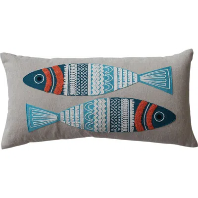 Storied Home Cotton Chambray Lumbar Pillow With Embroidered Fish In Blue