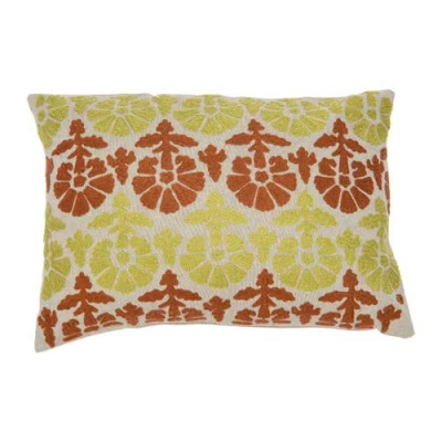 Storied Home Cotton Embroidered Chambray Lumbar Pillow With Pattern In Yellow