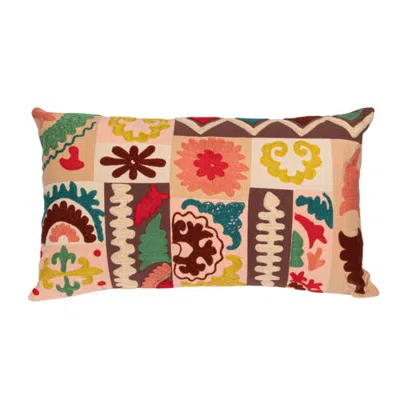 Storied Home Cotton Embroidered Patchwork Lumbar Pillow With Chambray Back, Multicolor