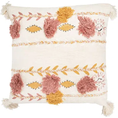 Storied Home Cotton Embroidered Pillow With Tassels And Applique, Cover Only In White