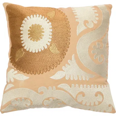Storied Home Cotton Embroidered Suzani Pillow With Chambray Back In Neutral