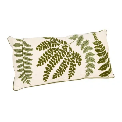 Storied Home Cotton Lumbar Pillow With Fern Fronds Embroidery, Cream And Green