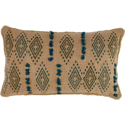 Storied Home Cotton Lumbar Pillow With Tufted Embroidered Design And Fringe In Brown