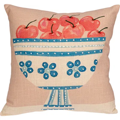 Storied Home Cotton Printed Slub Pillow With Fruit Bowl, Embroidery And French Knots, Multi Color In Pink