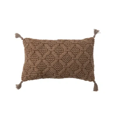 Storied Home Cotton Slub Lumbar Pillow With Diamond Weave And Tassels In Brown