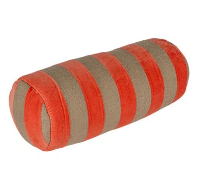 Storied Home Cotton Velvet And Jute Bolster Pillow With Stripes In Red