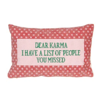 Storied Home Cotton Velvet Embroidered Lumbar Pillow "dear Karma..." In Pink