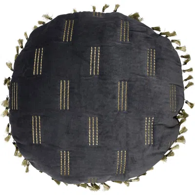 Storied Home Cotton Velvet Pillow With Metallic Embroidery And Tassels In Black