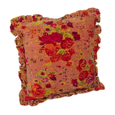 Storied Home Cotton Velvet Printed Pillow With Floral Pattern, Chambray Back And Ruffle, Multicolor