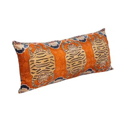 Storied Home Cotton Velvet Tigers Pattern Lumbar Pillow, Multicolor In Orange