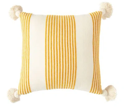 Storied Home Cream Cotton & Chenille Pillow With Mustard Stripes & Tassels In Gold