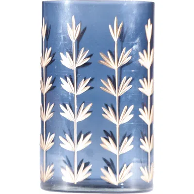 Storied Home Cut Glass Candle Holder/vase With Botanical Design, Navy Color & Gold Finish In Blue