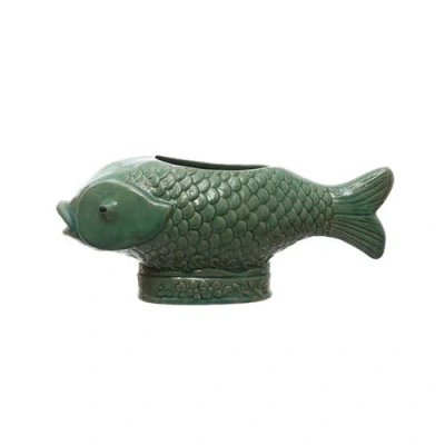 Storied Home Debossed Stoneware Fish Planter With Reactive Glaze, Turquoise In Green