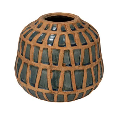 Storied Home Debossed Terra-cotta Vase, Natural And Blue In Brown