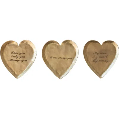 Storied Home Decorative Brass Heart Shaped Dish With Sayings, Gold, Set Of 3