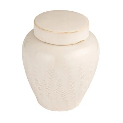 Storied Home Decorative Debossed Stoneware Ginger Jar With Pattern, Lid And Reactive Glaze, White In Neutral